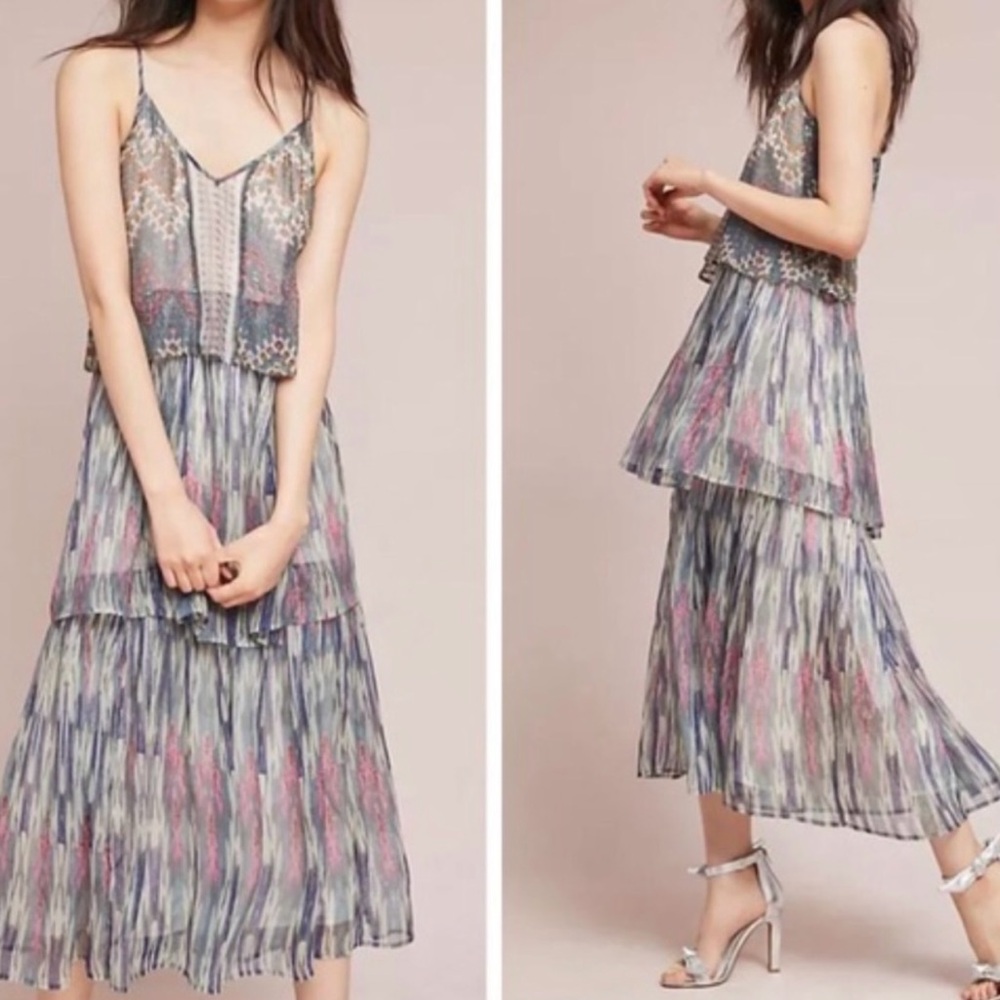 Anthropologie Meadow Rue Josie Tiered Metallic Dress Cottagecore Romsntic Boho